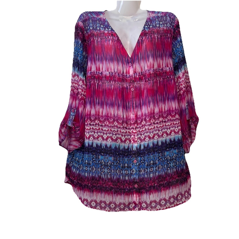 KIM ROGER MULTI-COLOR GEOMETRIC DESIGN Semi Sheer Size XL Pink/blue
